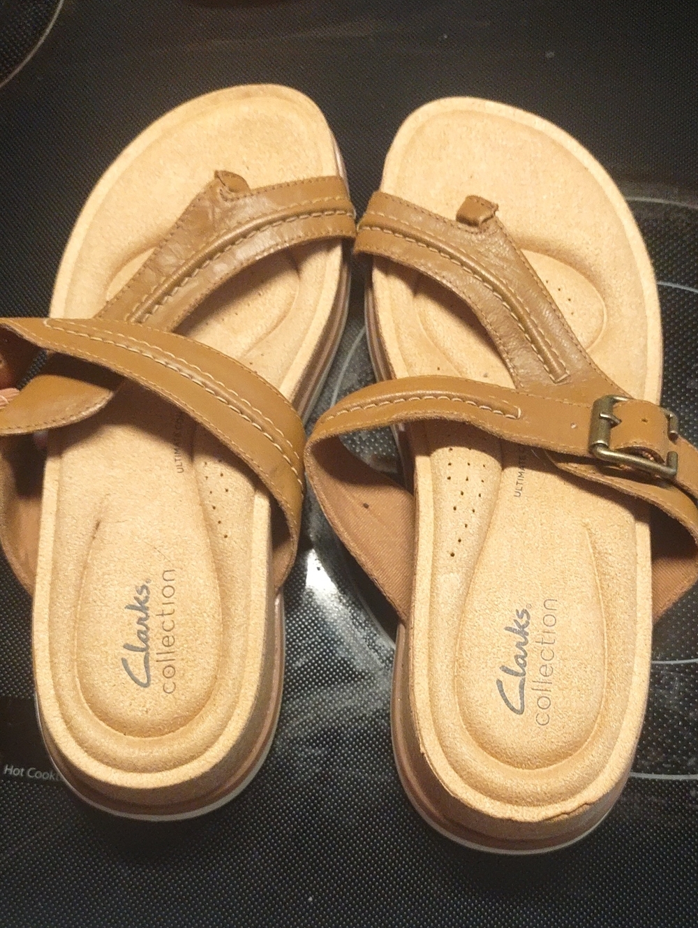Clarks Women's Light Brown Leather Slide Sandals with Buckle